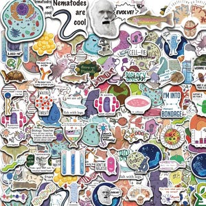 Könnte beinhalten: Eine Sammlung von Aufklebern zum Thema Biologie mit wissenschaftlichen Illustrationen, Diagrammen und humorvollen Texten wie Nematodes are cool, Evolve und I'm into bondage, die Zellen, DNA, Fische und Laborausrüstung zeigen.
