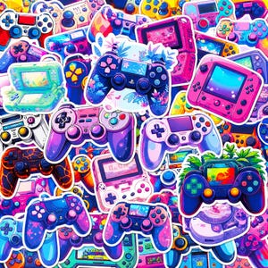 May include: A collection of colorful gaming stickers featuring various handheld consoles and game controllers in shades of pink, blue, purple, and orange, decorated with floral patterns, tropical leaves, and vibrant digital screen displays.
