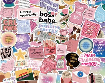 May include: A collection of assorted vinyl stickers featuring pastel and vibrant colour palettes with motivational quotes, illustrations of flowers, stars, and figures, including text like Boss Babe, Main Character Energy, and I Attract Opportunity.