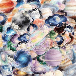 May include: A collection of die-cut stickers featuring watercolour illustrations of planets, galaxies, and nebulae in shades of purple, blue, pink, and orange. The designs include celestial bodies with rings, butterflies, and white floral accents.