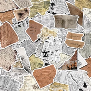Könnte beinhalten: Eine Collage aus Aufklebern und Papierteilen im Vintage-Stil. Die Aufkleber zeigen Augenillustrationen, klassische Kunst und handgeschriebene Sätze wie "es gibt mehr zu lieben" und "du bist alles für mich". Die Farbpalette umfasst Beige, Braun und Creme.