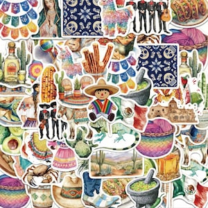 May include: A collection of assorted stickers featuring watercolour illustrations of Mexican cultural icons, including a piñata, a sombrero-wearing figure, tacos, cacti, tequila bottles, maracas, skulls, yarn baskets, and the Mexican flag.