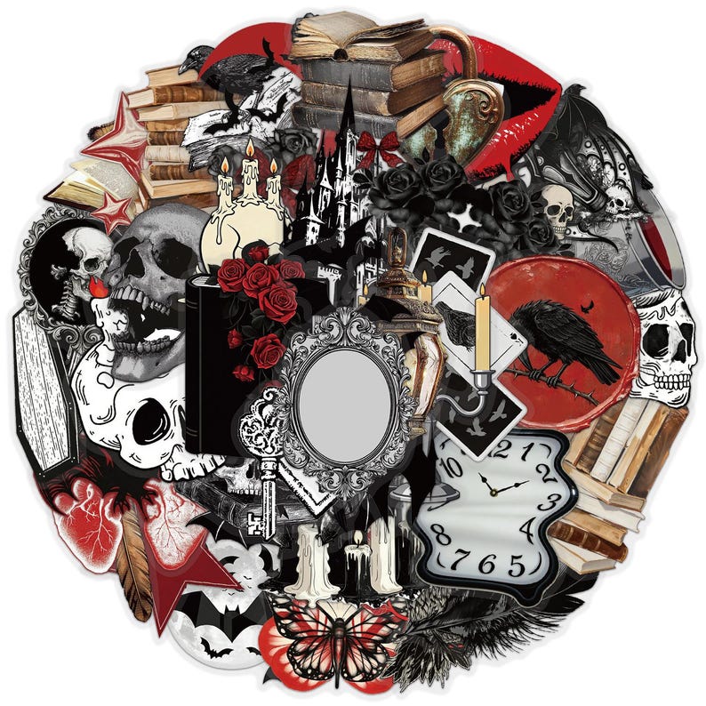 May include: A circular sticker collage featuring gothic imagery including skulls, stacks of old books, red roses, a raven, a melting clock, a decorative mirror, candles, a key, a butterfly, and a castle silhouette in a black, white, and red palette.