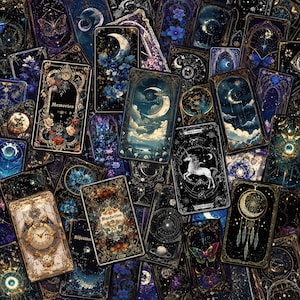 Puede incluir: Una colección de tarjetas rectangulares con ilustraciones celestiales y florales oscuras. Los diseños incluyen una luna creciente, un unicornio blanco, un reloj, un atrapasueños y mariposas. El texto en las tarjetas incluye Memories, Repetition y The Unicorn.
