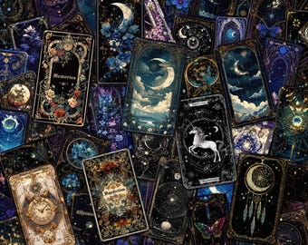 May include: A collection of rectangular cards featuring dark celestial and floral illustrations. Designs include a crescent moon, a white unicorn, a clock face, a dreamcatcher, and butterflies. Text on cards includes Memories, Repetition, and The Unicorn.