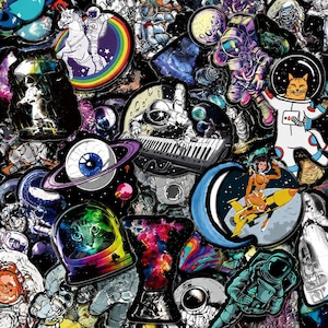 May include: A collage of colorful space-themed stickers. Designs include astronauts, planets, a cat in a spacesuit, a unicorn riding a rainbow, and a woman on a rocket. The stickers have a glossy finish and are arranged on a black background.