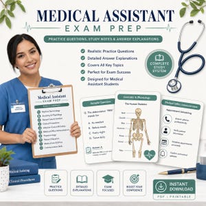Förberedelser för examen för medicinsk assistent, utskrivbar PDF, studiehandledning för certifiering, övningsfrågor, CCMA CMA-studieanteckningar