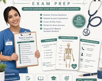 May include: Medical Assistant Exam Prep study materials including a clipboard with a list of topics, flashcards featuring anatomy and office administration, and a blue stethoscope. The text includes Medical Assistant Exam Prep, Practice Questions, Study Notes & Answer Explanations, and Instant Download PDF Printable.