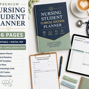 May include: A nursing student planner set featuring a dark blue and sage green book titled Nursing Student Clinical Success Planner, a digital tablet displaying a daily clinical plan, a clipboard with a nursing assessment form, and a pen.
