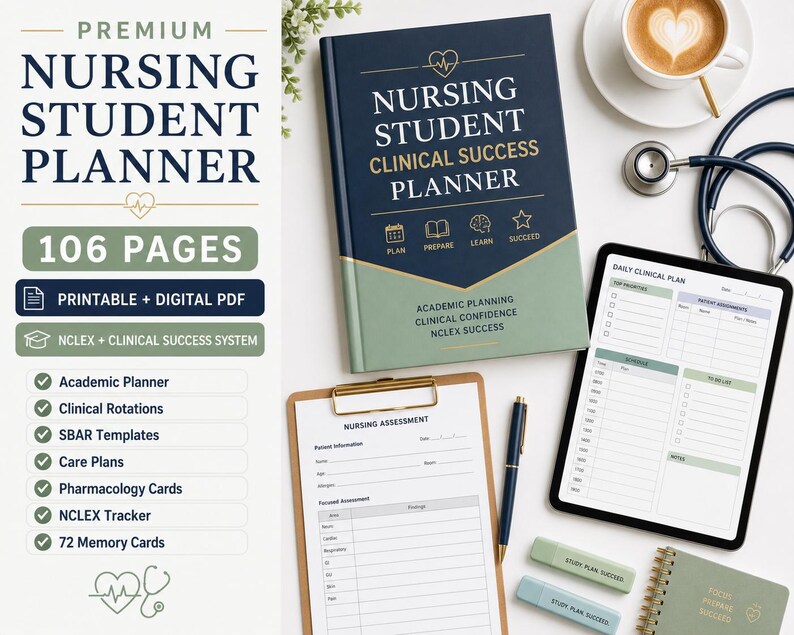May include: A nursing student planner set featuring a dark blue and sage green book titled Nursing Student Clinical Success Planner, a digital tablet displaying a daily clinical plan, a clipboard with a nursing assessment form, and a pen.