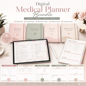May include: A digital medical planner bundle featuring a medical planner, wellness planner, health log, and medication tracker. The image displays a tablet, notebooks, and printable pages. Text includes "Organise your health. Track your wellness. Take control of your life."