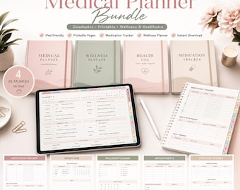 May include: A digital medical planner bundle with four planners, including a medical planner, wellness planner, health log, and medication tracker. The image shows a tablet, notebooks, and printable pages. Text includes "Organize your health. Track your wellness. Take control of your life."
