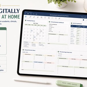 May include: A digital nursing student planner displayed on a tablet screen, featuring a monthly calendar, clinical rotation dashboard, NCLEX dashboard, disease revision sheets, and pharmacology study cards, with text reading USE DIGITALLY OR PRINT AT HOME.