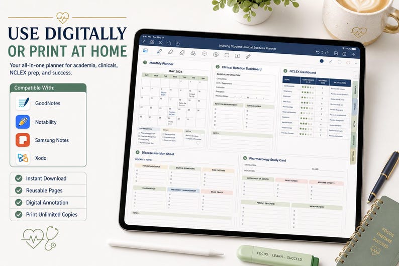 May include: A digital nursing student planner displayed on a tablet screen, featuring a monthly calendar, clinical rotation dashboard, NCLEX dashboard, disease revision sheets, and pharmacology study cards, with text reading USE DIGITALLY OR PRINT AT HOME.
