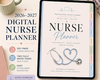 May include: A digital 2026-2027 nurse planner displayed on a tablet screen. The cover features a stethoscope shaped into a heart, the text Professional Nurse Planner, and tabbed sections for year, months, weeks, shifts, growth, wellness, and notes.