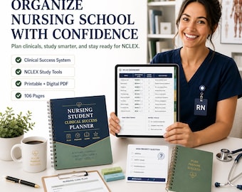 May include: A nursing student clinical success planner set featuring a dark blue and green spiral-bound notebook, a digital tablet displaying an NCLEX dashboard, a white mug, a nursing care plan sheet, a small green notebook, and a stethoscope.