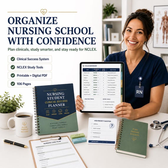 Nursing Student Planner PDF, NCLEX Study Planner, Clinical Rotation Organizer, 106 Pages, 72 Memory Cards, Nursing School Study Bundle Gift