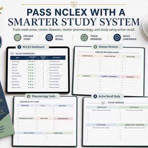 May include: A nursing student success planner set featuring a dashboard, disease revision sheet, pharmacology card, and active recall study sheet. The text reads PASS NCLEX WITH A SMARTER STUDY SYSTEM, NURSING STUDENT CLINICAL SUCCESS PLANNER.