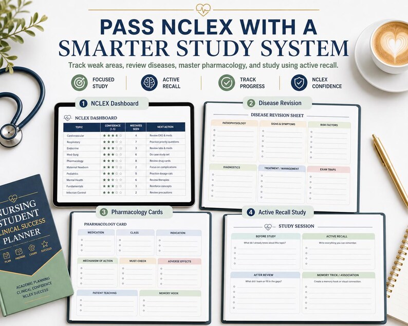 May include: A nursing student success planner set featuring a dashboard, disease revision sheet, pharmacology card, and active recall study sheet. The text reads PASS NCLEX WITH A SMARTER STUDY SYSTEM, NURSING STUDENT CLINICAL SUCCESS PLANNER.
