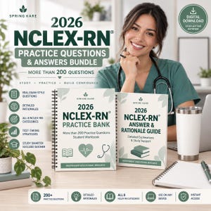 2026 NCLEX RN övningsbank, 200+ omvårdnadsfrågor, studentstudiehandledning, arbetsbok för kliniskt omdöme, digital PDF-guide för sjuksköterskeprovet