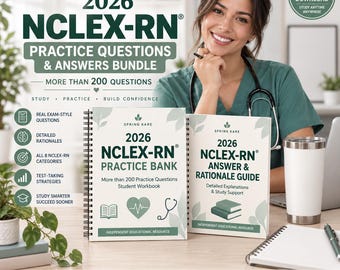 May include: A 2026 NCLEX-RN practice questions and answers bundle by Spring Kare. The set includes a spiral-bound practice bank and an answer and rationale guide, featuring over 200 exam-style questions, detailed explanations, and study support.