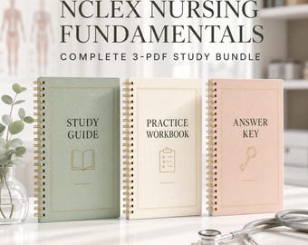 May include: Three spiral-bound notebooks titled Study Guide, Practice Workbook, and Answer Key in sage green, cream, and pale pink. The text NCLEX NURSING FUNDAMENTALS COMPLETE 3-PDF STUDY BUNDLE appears above. A stethoscope lies on the surface nearby.