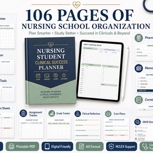 May include: A nursing student clinical success planner set featuring a dark blue and sage green hardcover book, a digital tablet displaying a daily clinical plan, and various printable academic organization sheets including pharmacology cards and SBAR sheets.