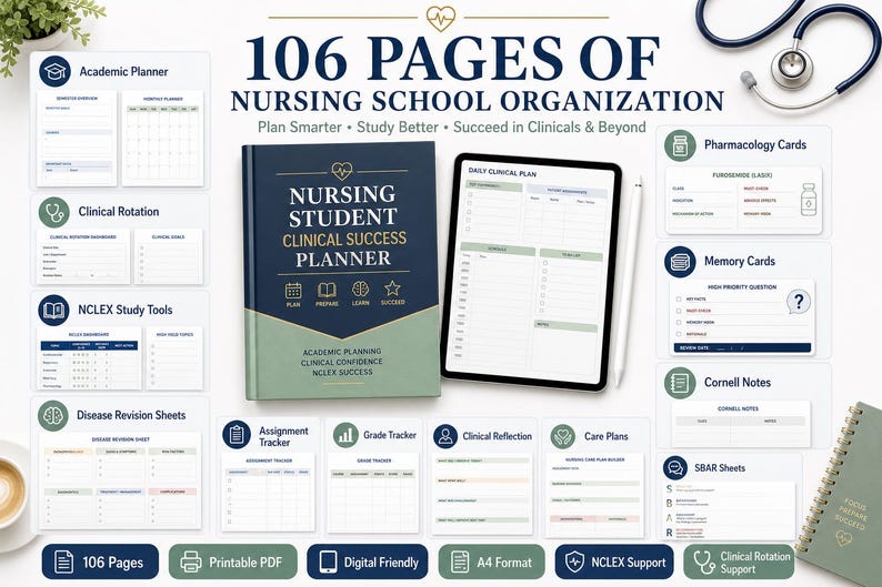 May include: A nursing student clinical success planner set featuring a dark blue and sage green hardcover book, a digital tablet displaying a daily clinical plan, and various printable academic organization sheets including pharmacology cards and SBAR sheets.