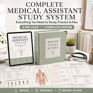 May include: A complete medical assistant study system featuring a digital tablet displaying a study guide, a sage green binder labeled Master Study Bundle, a stethoscope, and several printed reference sheets including anatomy and EKG charts.