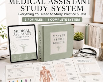May include: A complete medical assistant study system featuring a digital tablet displaying a study guide, a sage green binder labeled Master Study Bundle, a stethoscope, and several printed reference sheets including anatomy and EKG charts.
