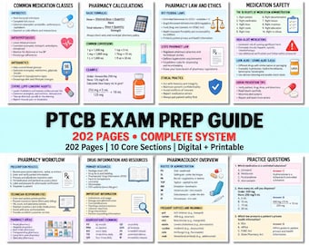 May include: A PTCB Exam Prep Guide featuring 202 pages and 10 core sections. The document includes detailed charts on medication classes, pharmacy calculations, law, ethics, safety, workflow, drug resources, pharmacology, and practice questions.