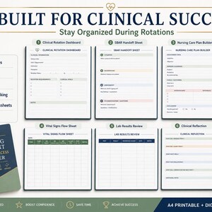 May include: A nursing student clinical success planner set featuring six distinct templates: Clinical Rotation Dashboard, SBAR Handoff Sheet, Nursing Care Plan Builder, Vital Signs Flow Sheet, Lab Results Review, and Clinical Reflection, with a stethoscope and clipboard.