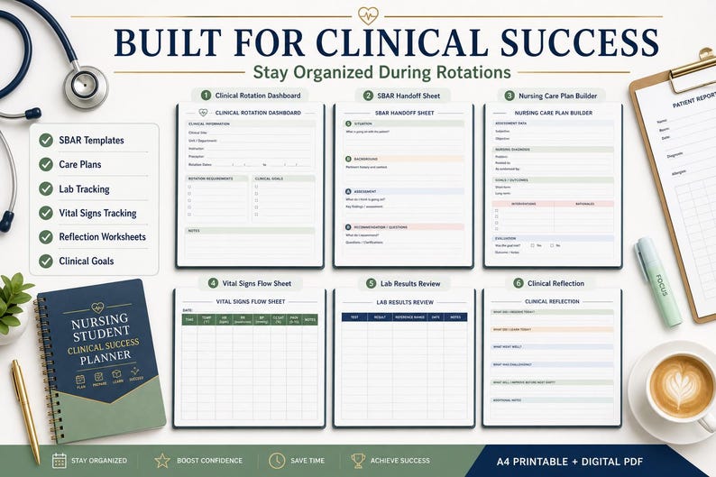 May include: A nursing student clinical success planner set featuring six distinct templates: Clinical Rotation Dashboard, SBAR Handoff Sheet, Nursing Care Plan Builder, Vital Signs Flow Sheet, Lab Results Review, and Clinical Reflection, with a stethoscope and clipboard.