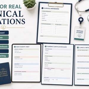 May include: A collection of clinical rotation planning documents including a clinical dashboard, SBAR handoff sheet, nursing care plan builder, and clinical reflection sheet. Includes a nursing student planner, a stethoscope, and a badge reel.
