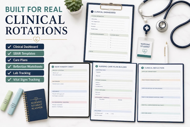 May include: A collection of clinical rotation planning documents including a clinical dashboard, SBAR handoff sheet, nursing care plan builder, and clinical reflection sheet. Includes a nursing student planner, a stethoscope, and a badge reel.
