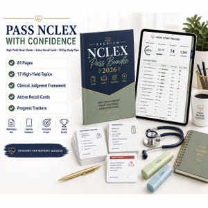 May include: A nursing study bundle featuring a dark blue and sage green book titled NCLEX Pass Bundle 2026, a tablet displaying a study tracker, stacks of flashcards, a stethoscope, a gold pen, two highlighters, and a spiral-bound notebook.