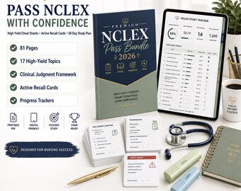May include: A nursing study bundle featuring a dark blue and sage green book titled NCLEX Pass Bundle 2026, a tablet displaying a study tracker, stacks of flashcards, a stethoscope, a gold pen, two highlighters, and a spiral-bound notebook.