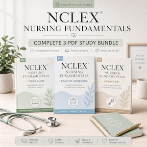 NCLEX nursing fundamentals bundle, study guide, practice workbook and answer key with rationales, RN  Exam Prep PDF