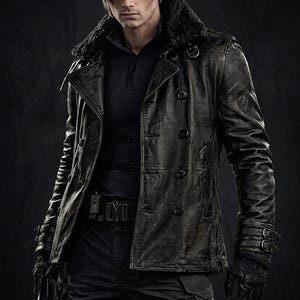 May include: A black leather jacket with a faux fur collar, worn over a black shirt and pants. The jacket has a double-breasted design with large buttons. The outfit includes black gloves and a belt with a buckle. The background is dark.