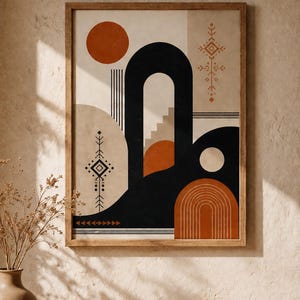 May include: Abstract art print in a wooden frame. The artwork features geometric shapes in black, beige, and burnt orange. A large black archway, a circle, and a series of lines are prominent. The style is reminiscent of mid-century modern design.