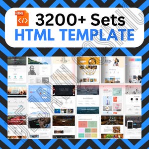 May include: An image with a black and blue chevron pattern background. The image features the text "3200+ Sets HTML TEMPLATE" in white and blue. Below the text are multiple website design layouts.