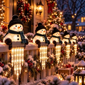May include: A row of five illuminated snowman figures with black hats, dark scarves, and orange carrot noses, each holding a rectangular panel with hanging clear icicle lights, mounted along a white fence decorated with greenery.