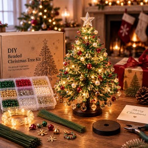 May include: A DIY beaded Christmas tree kit featuring a cardboard box labeled DIY Beaded Christmas Tree Kit, a clear plastic organizer with green, red, gold, and white beads, green wire stems, a light string, and a finished beaded tree.