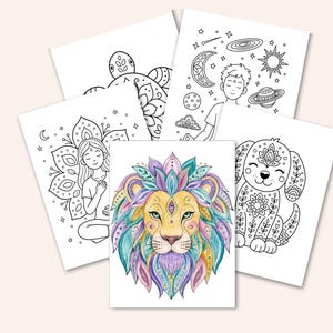 May include: A collection of coloring pages featuring intricate designs. The pages include a lion with colorful accents, a dog, a person meditating, and celestial elements. The illustrations are detailed and suitable for coloring.