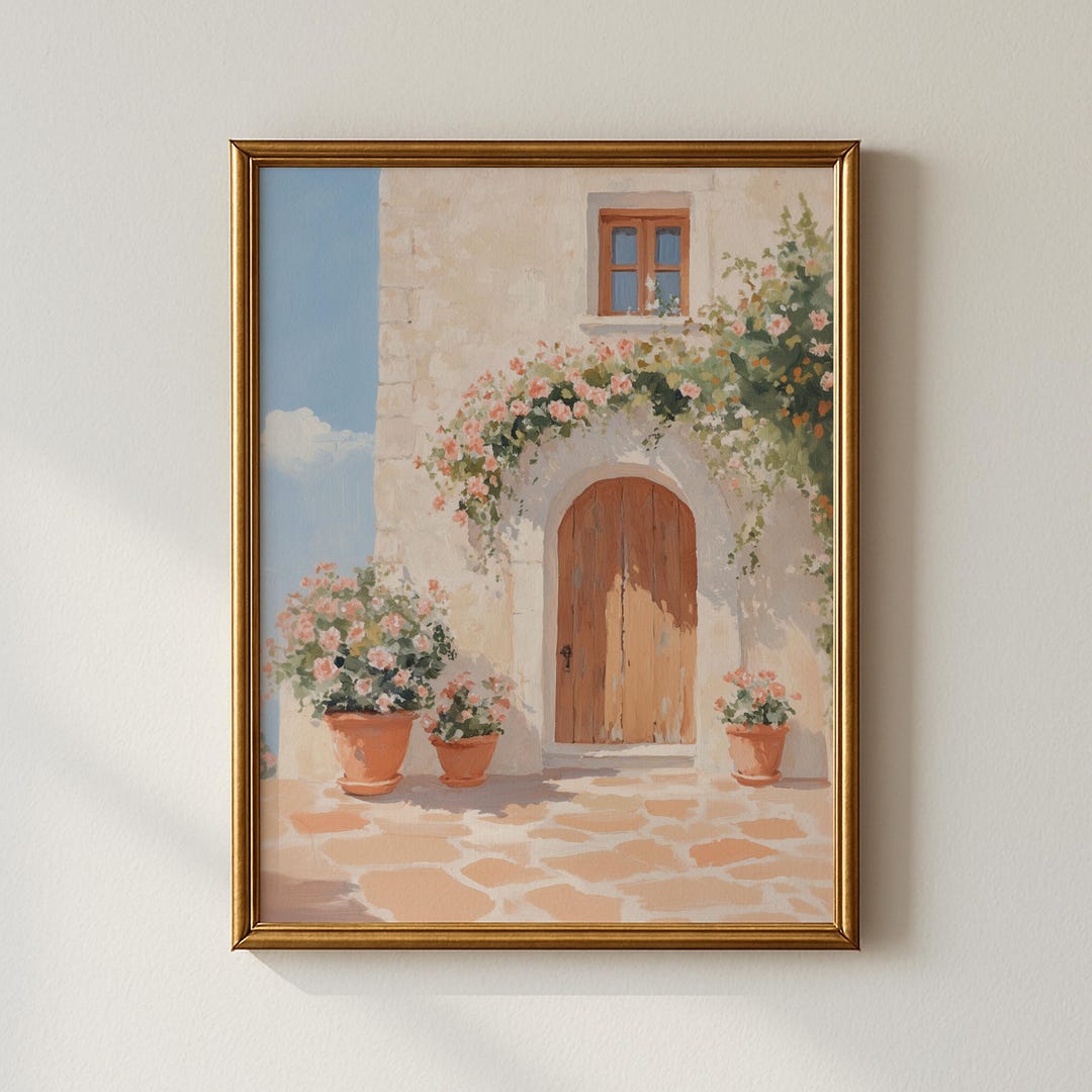 Mediterranean Arched Doorway Painting, Cottagecore Floral Wall Art ...