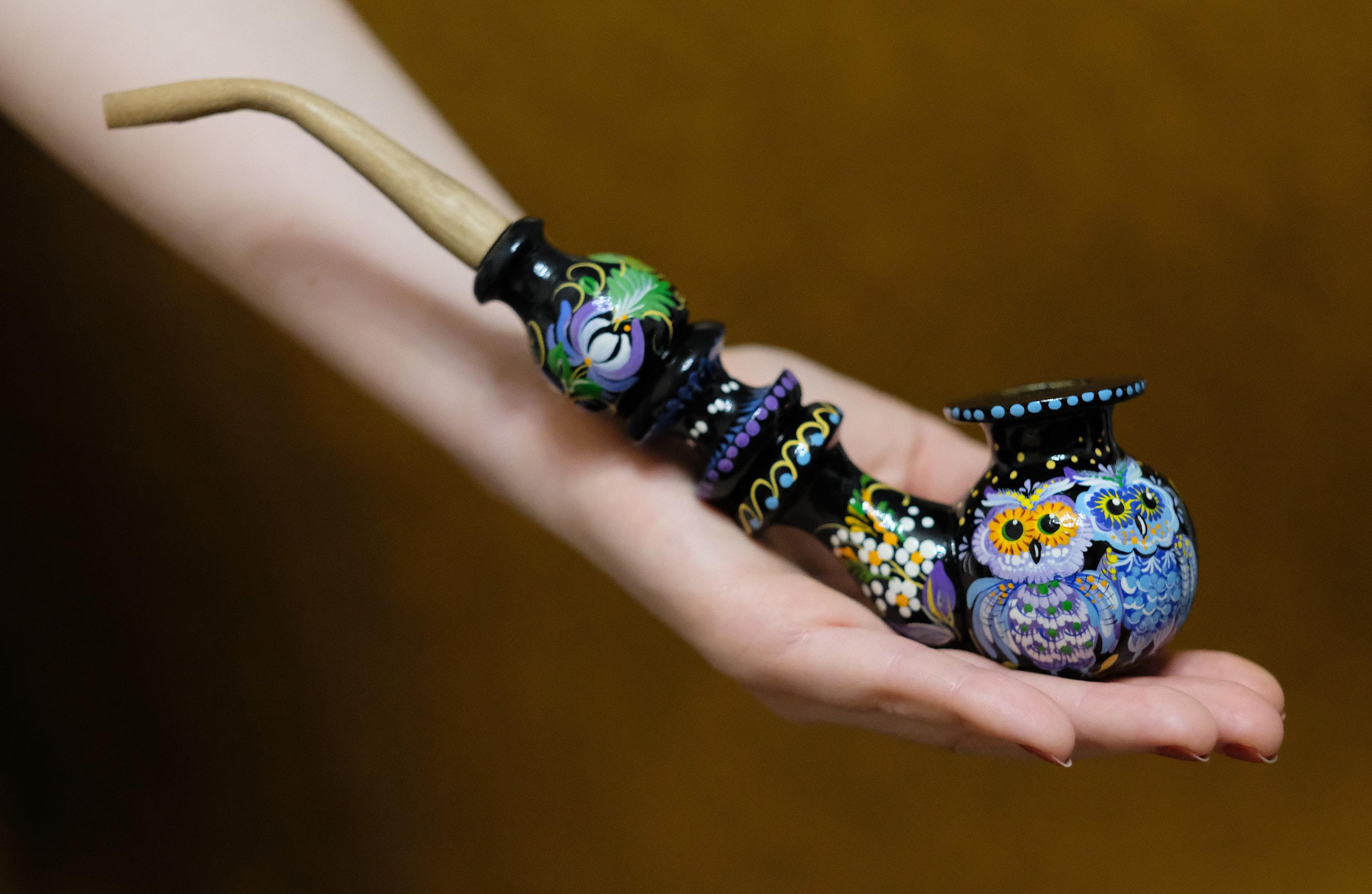 Hand-Painted Wooden Owl Couple Smoking Pipe with Ukrainian Folk Art Petrykivka