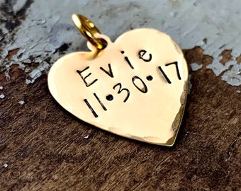 Gold Heart Charm for Bracelet, Kids Name Necklace Pendant with Birthdate