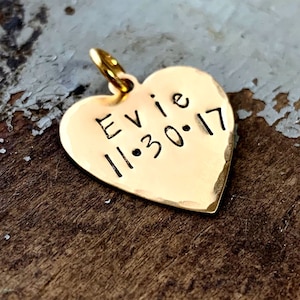 Gold Heart Charm for Bracelet, Kids Name Necklace, Pendant with Birthdate, New Mom Gift