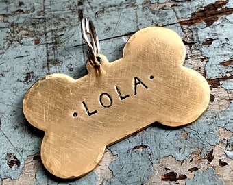 Bone Shaped Dog Tag, Large Brass Custom Hand Stamped ID Tag for Pets