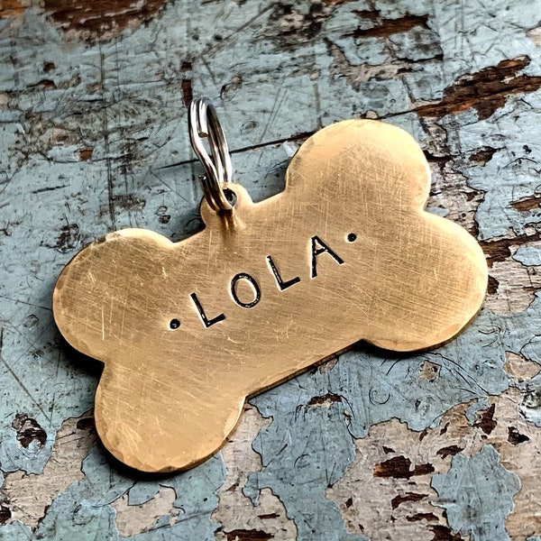 Bone Shaped Dog Tag, Large Brass Custom Hand Stamped ID Tag for Pets